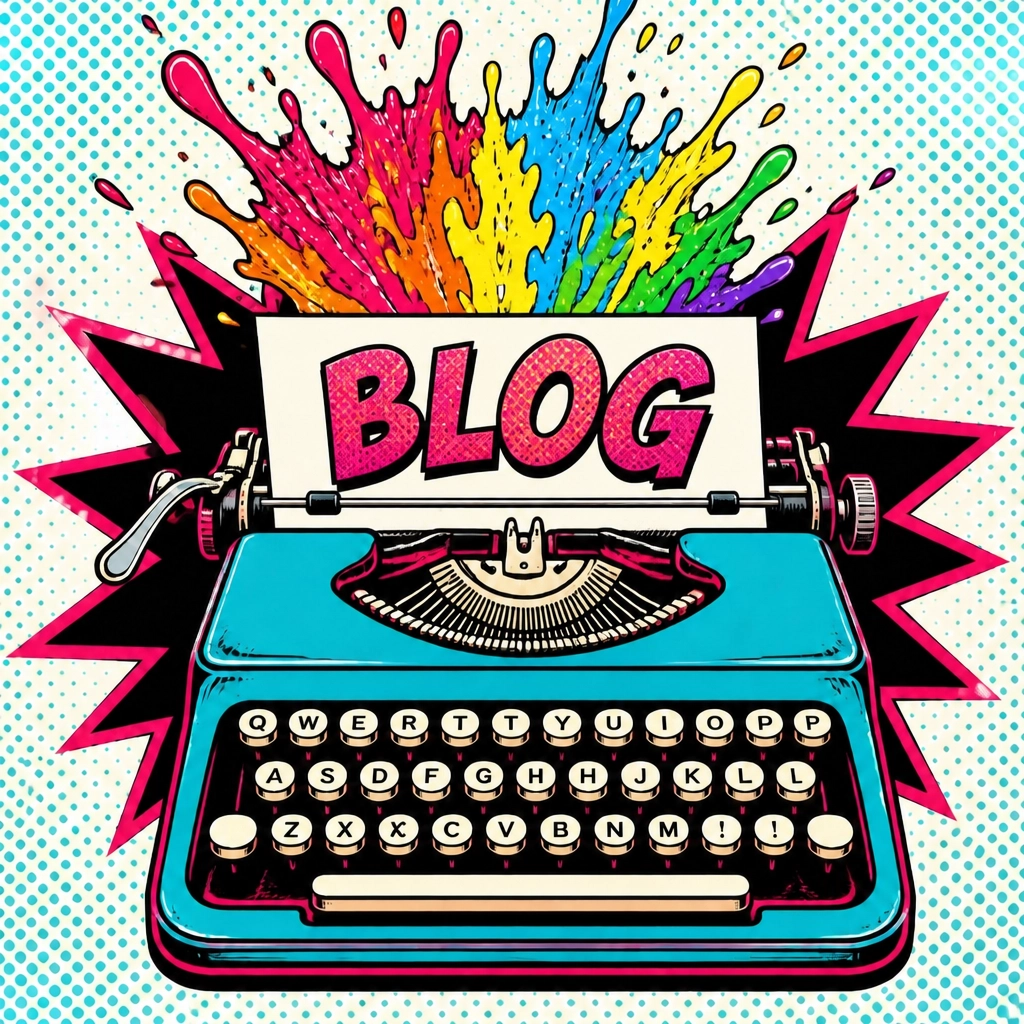 a modern art image of a blue typewriter with blog on paper 