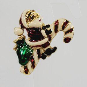 Enamel Santa Claus Riding A Candy Cane Brooch