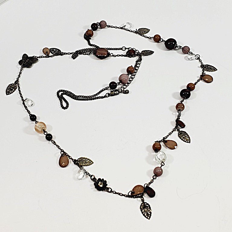 Vintage Beaded Leaf Sweater Necklace 42"