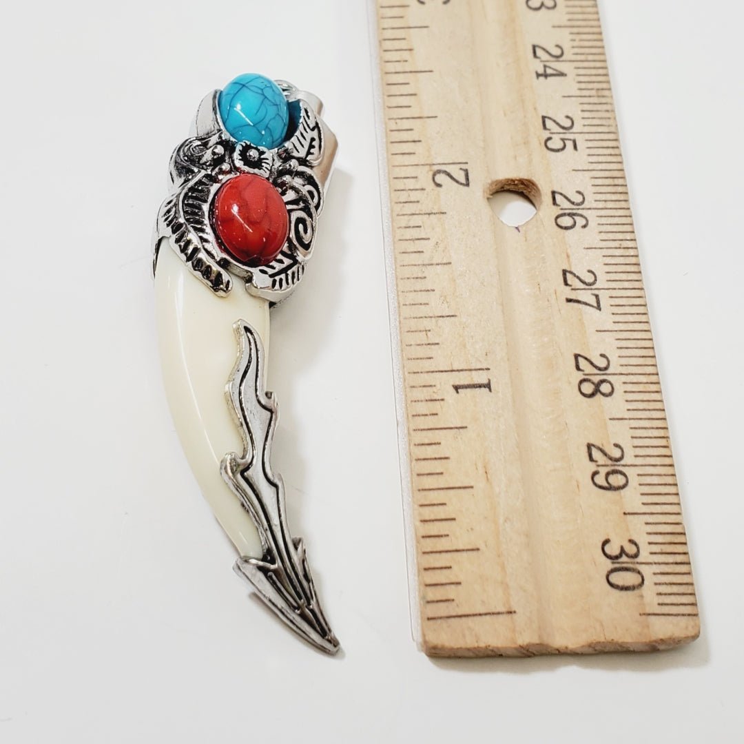 Tribal Style Tooth Pendant with Turquoise & Red Stones - Image 2