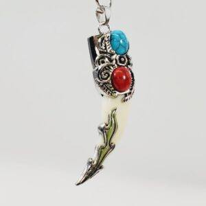 Tribal Style Tooth Pendant with Turquoise & Red Stones