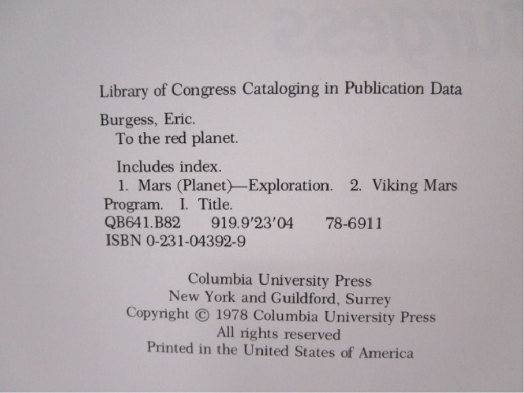 To The Red Planet By Eric Burgess 1978 Hardcover Book with Dust Jacket - Image 6